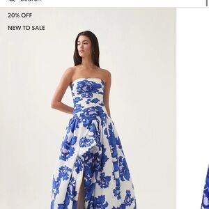 Aje Blue and White Pleated Strapless Gown